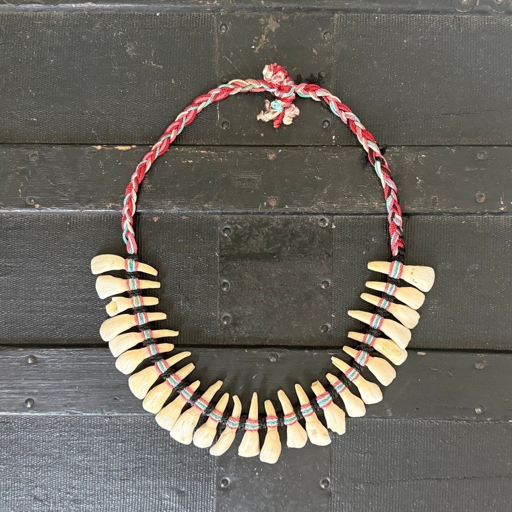 Handmade Horse Tooth Necklace Braided Cord Tribal Style Natural Bone